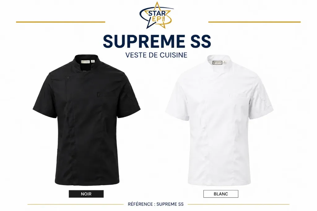 SUPREME SS - Veste de cuisine manches courtes (XS, noir)